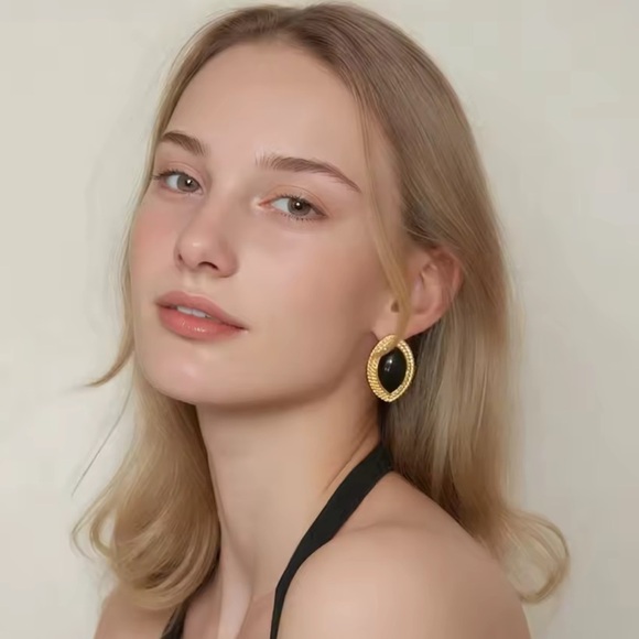 Anthropologie Black 18K Gold Stainless Steel Waterproof Oval Earrings - Picture 2 of 3